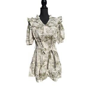 Umgee Women's Midi Dress Green Toile Print Short Sleeve V-neck Belted Size L